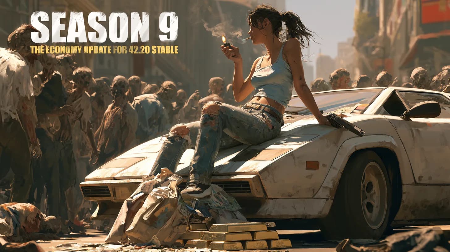Season 9 key art: a survivor sitting on a wrecked sports car with gold bars stacked at her feet, a horde closing in behind her